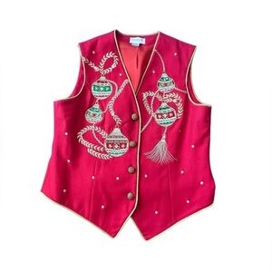 Jenna VTG 100% Wool Embroidered Appliqué‎ Christmas Ornament Button Vest Red L